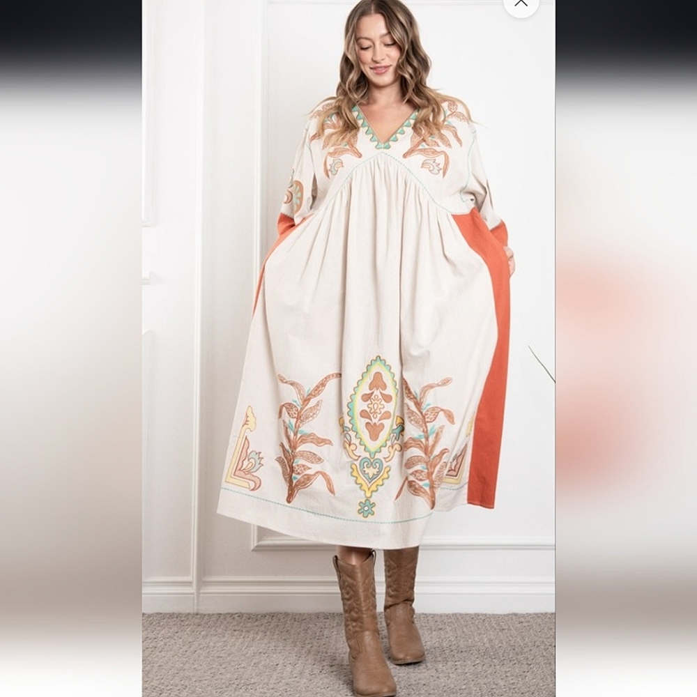 Elegant Cream and Orange Midi Dress